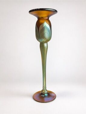 Vintage Correia Pulled Feather Glass Candlestick Signed c1979 10.25” Iridescent